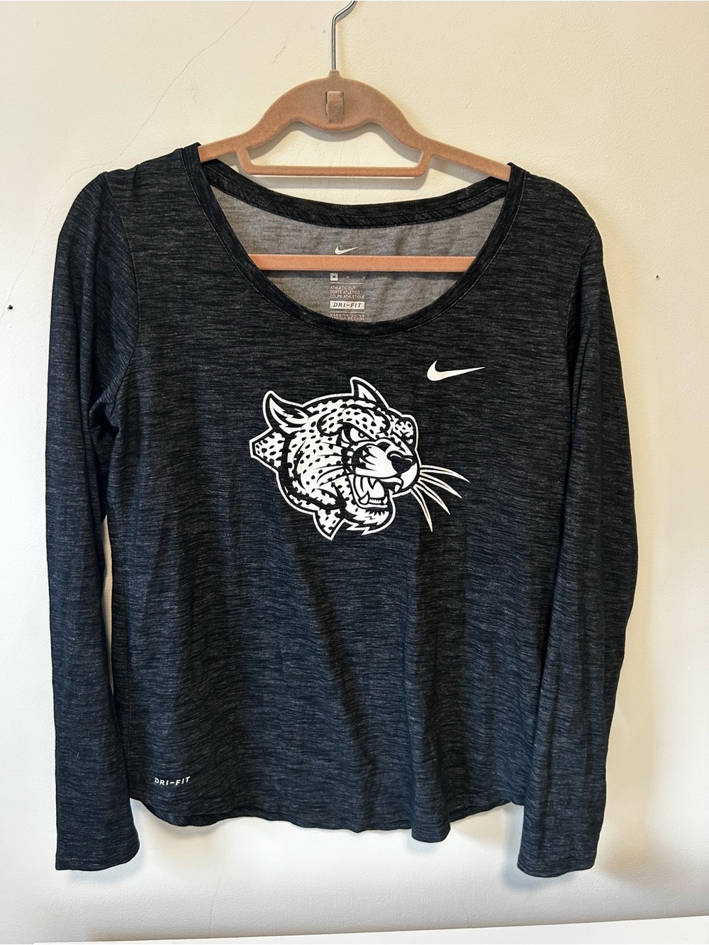 Nike Collegiate Charcoal Gray Long-Sleeve Dri-FIT Tee with White Leopard Motif